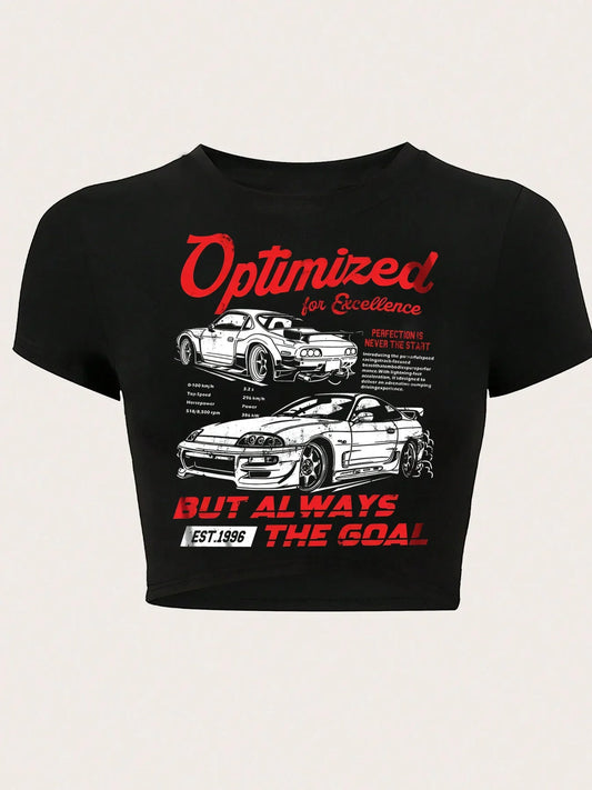 Women'S Retro Car and Letter Positioning Print Crop Top, Short Sleeved T-Shirt, round Neck, Y2K Style, Summer Women Clothing