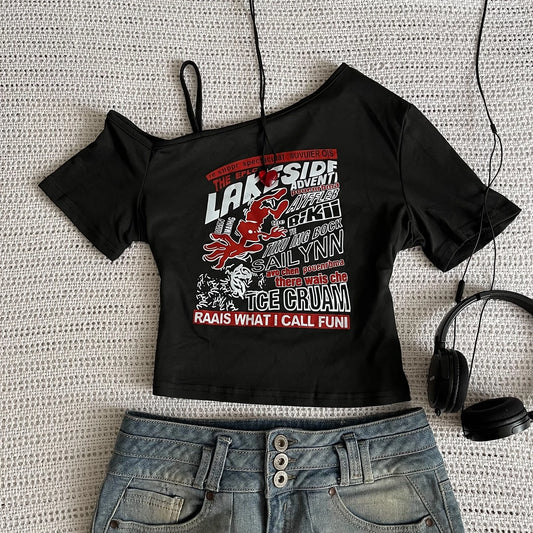 Y2K American Retro Cartoon Alphabet Print One Line Shoulder Short Sleeve T-Shirt Spice Belly Button Top Street Fashion Spice Top